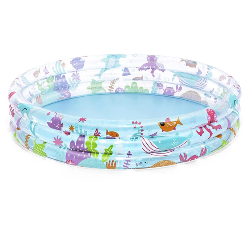 2 Sizes Large 3-5 Persons Round 3-Ring Inflatable Kiddie Swim Pool Tubs Transparent Paddling Pool for Kids Sea Pattern Summer