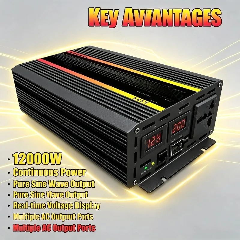 For 12000W Pure Sine Wave Inverter Digital Display DC 12V to 220V Converter with Controller for Car Home Outdoor Use
