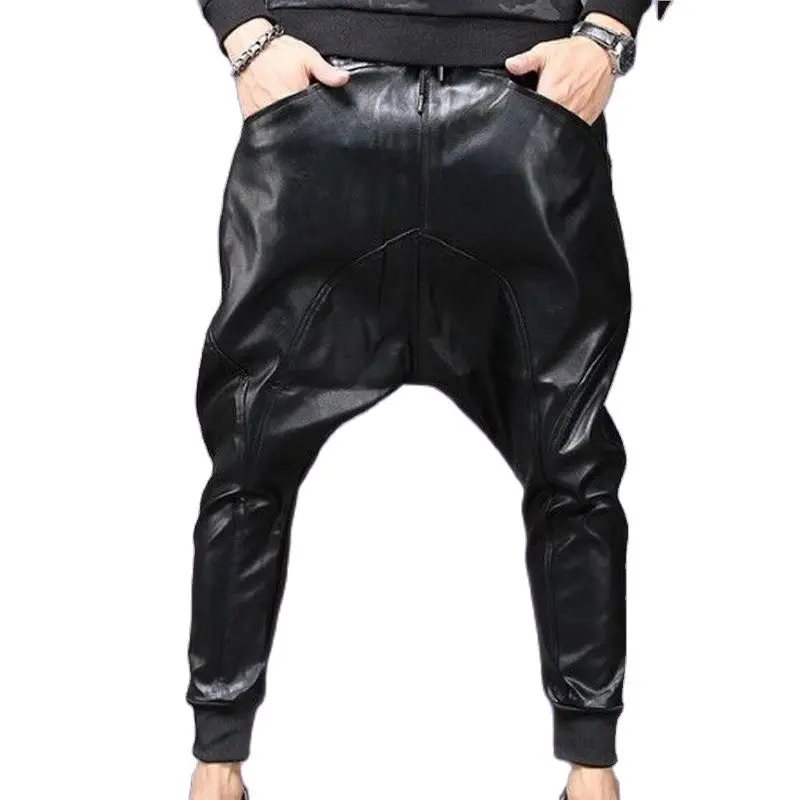 

New Men's Clothing GD Hair Stylist Fashion Catwalk Hip-hop Street Breeze Harem Loose Pants PU Leather Pants Plus Size Costumes