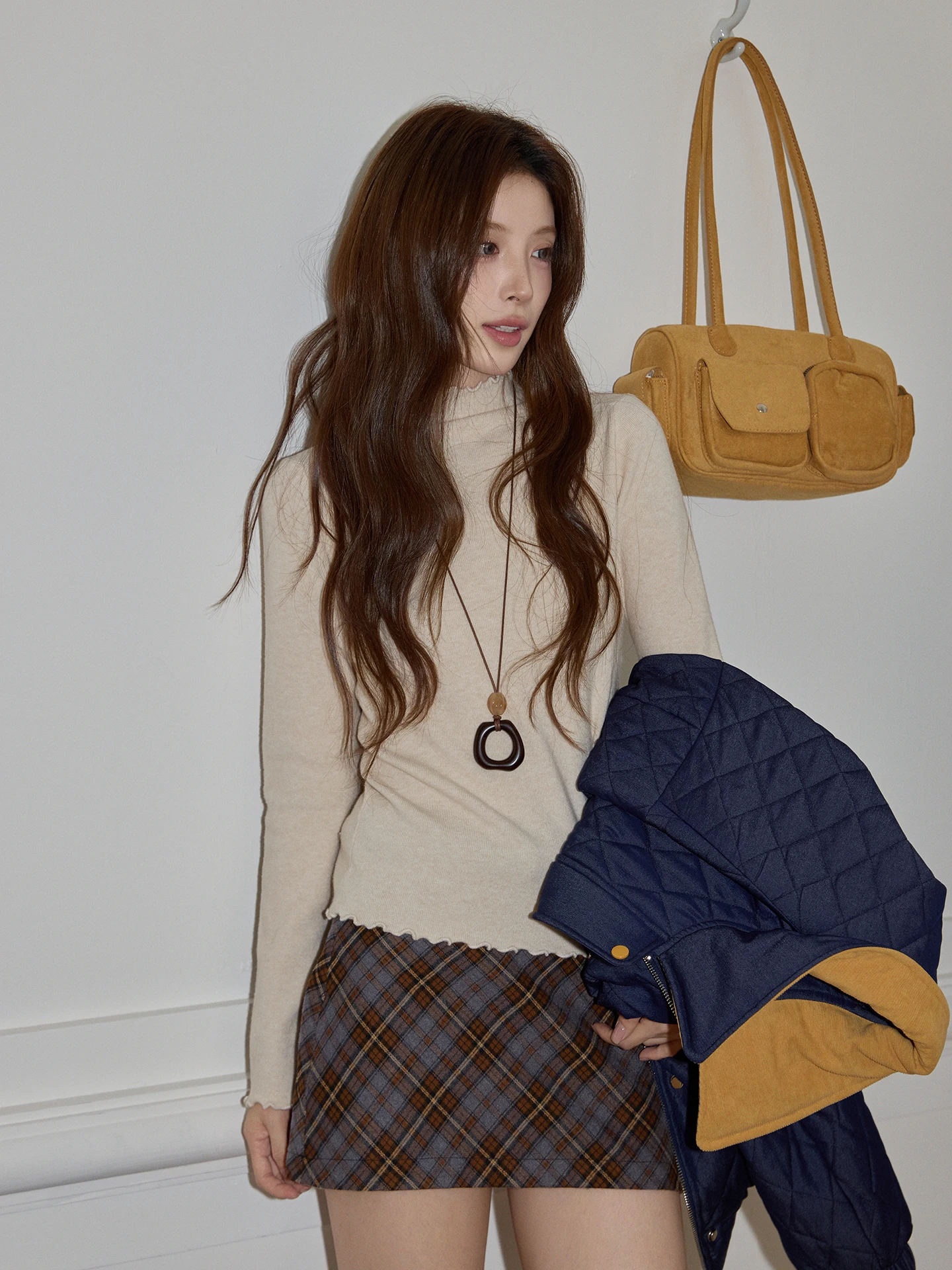 

Повседневный женский трикотажный свитер с высоким воротником и длинными рукавами, базовый слой, для дома, абрикосовый, с кружевным краем, осенне-зимняя мода