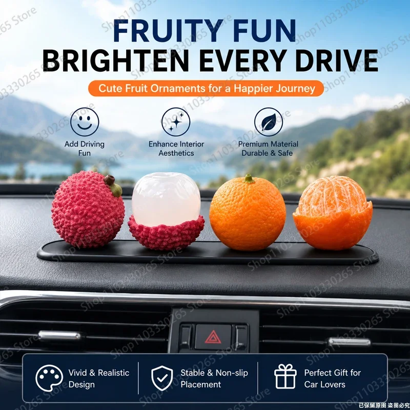 Cute Fruit-Shaped Car Dashboard Ornament, Realistic Lychee/Tangerine Decor, Non-Slip Base for Interior Decoration & Gift