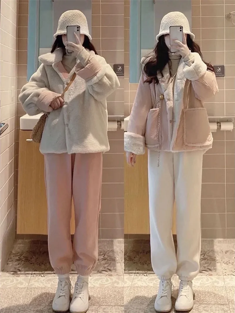 Chaqueta de algodón de lana de cordero para mujer, Chaqueta de algodón gruesa de doble cara, holgada y de felpa, color rosa, para estudiantes, invierno, 2025