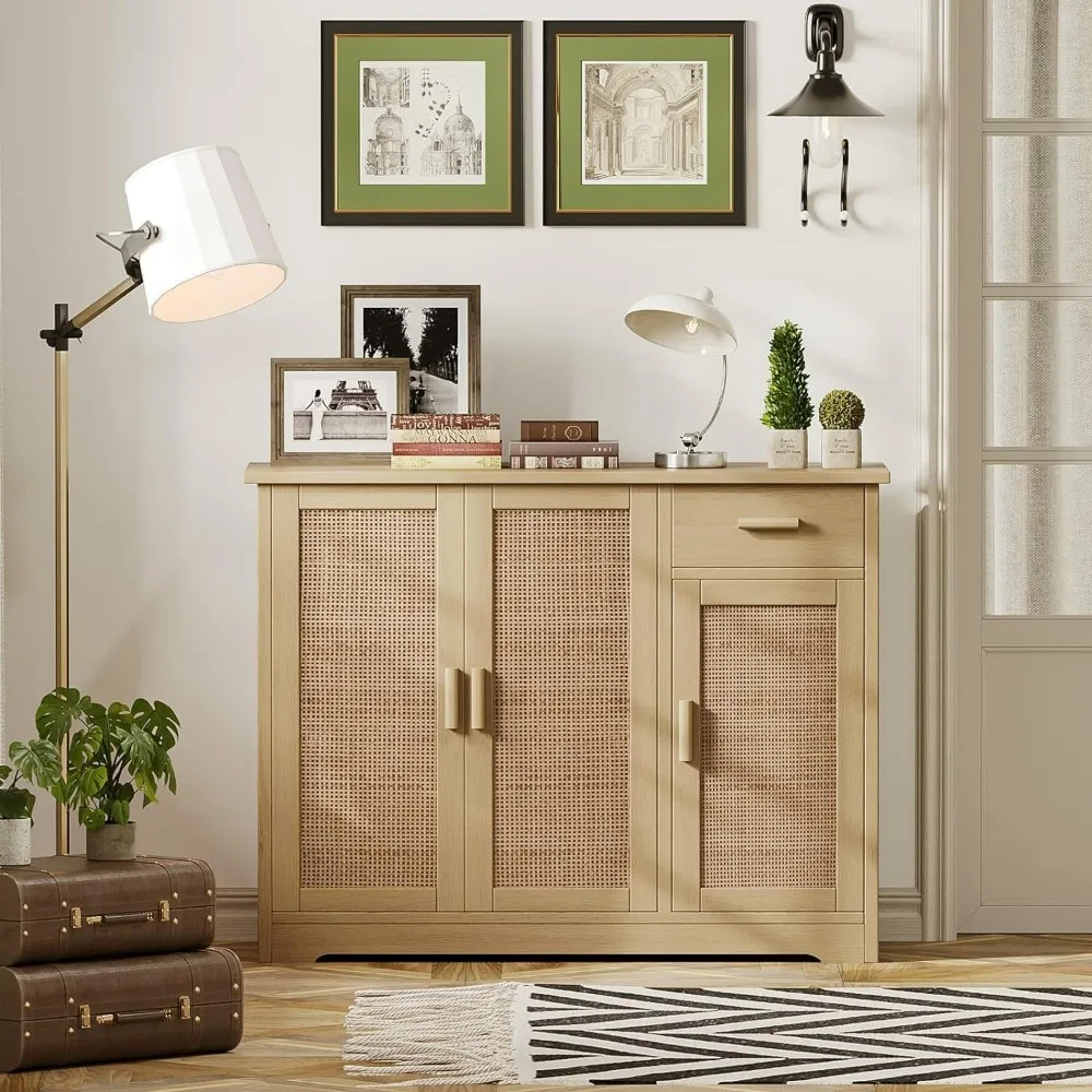 Bar Storage Cabinet, Sideboard Buffet Cabinet with Rattan Decorated Doors, Farmhouse Console Table with Drawer, Natural