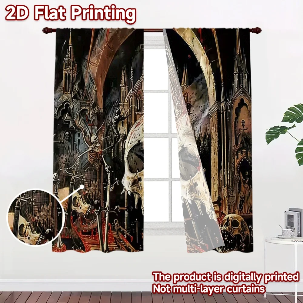 2D flat 2pcs Curtain Country Style Gothic Skull Cathedral Digitally printed polyester Party & Holiday Decor Use for Yard &