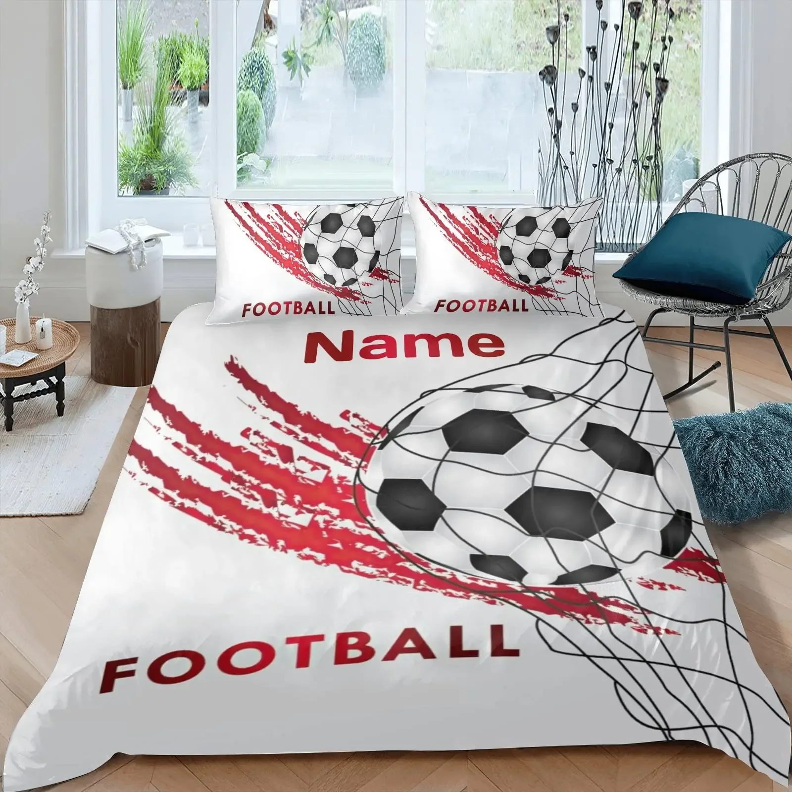Custom Name Soccer Duvet Cover For Boys Teens Blue Flame Soccer Bedding Set Personalized Sports Comforter Cover Bedroom Decor