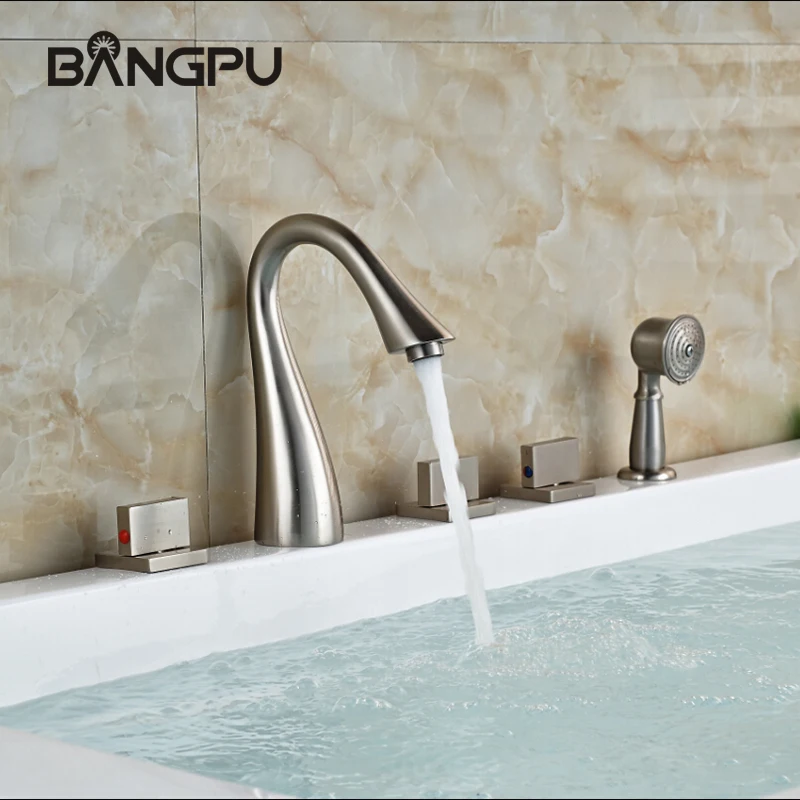 

Deck Mount Bathtub Faucet Set with Hand Shower Modern 5 Hole Bathroom Tub Faucet Kit Roman Bath Tub Faucet with Handheld Shower