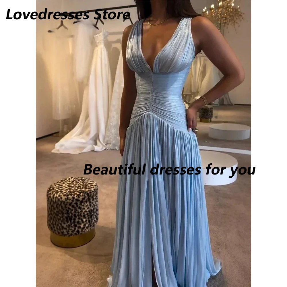 

Elegant Deep V-Neck Evening Dress Sexy Sleeveless Solid Long Prom Dress Pleated Hight Waist A Line Slit Party Gowns Customized
