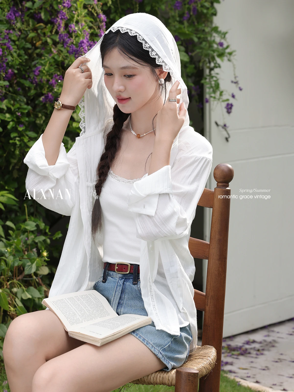 

ALXNAN Women's Shirt White Sun Protection Long Sleeve Hooded Shirt 2025 Summer Lace Patchwork Loose-fit Casual Female Top L56323