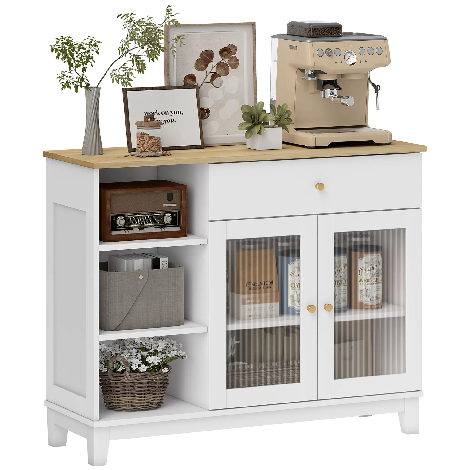 Homcom Credenza da Salotto con 2 Porte in Vetro Cassetto Scomparti Aperti e Mensole Regolabili 100X35X80,3 cm Bianco