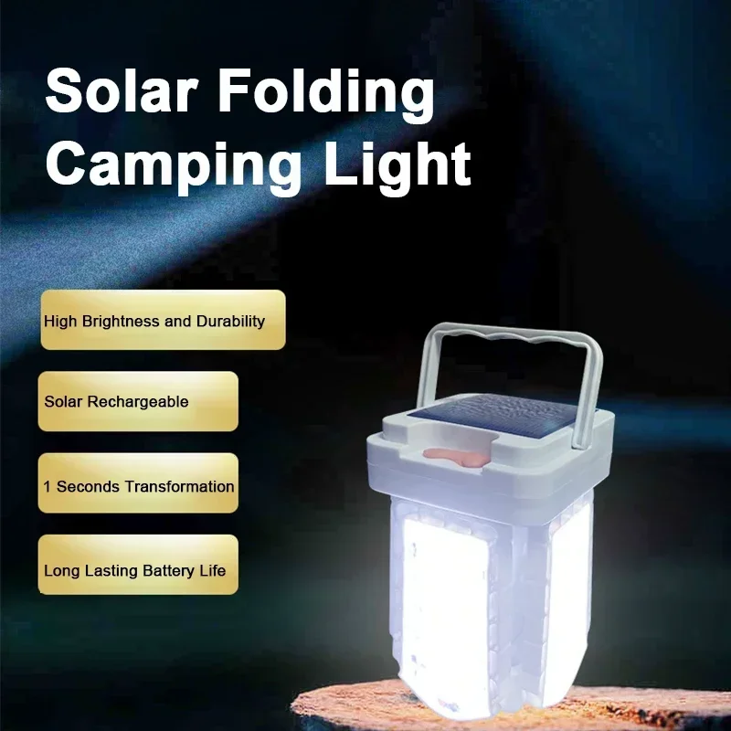 Solar Folding Camping Lantern USB Recarregável Outdoor Emergency Lamp Portable Work Light, Pendurado Tent Bulb para Pesca 3 Modos