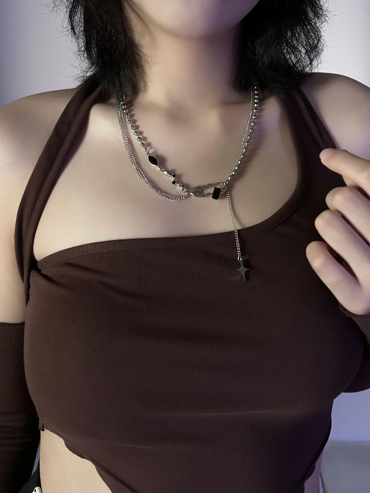 قلادة نجمة رباعية الأطراف من حجر كانساي الأسود، تصميم عصري للطلاب، إكسسوار أنيق وعصري