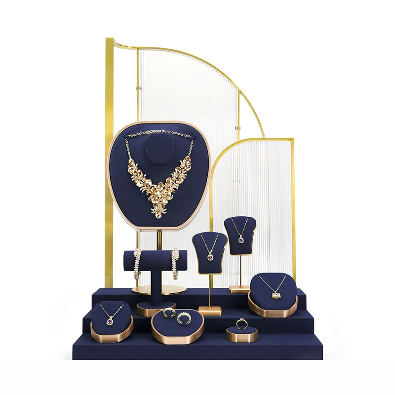 Blue microfiber staircase jewelry display stand necklace ring earring display rack showcase jewelry display props