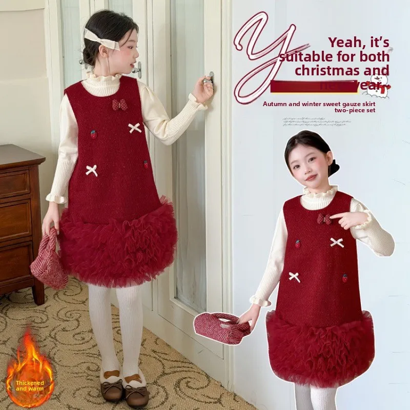 

Girls' Red Vest Skirt Set 2025 New Children's Sweater Thickened Strawberry Bow Princess Dress Two-piece Set