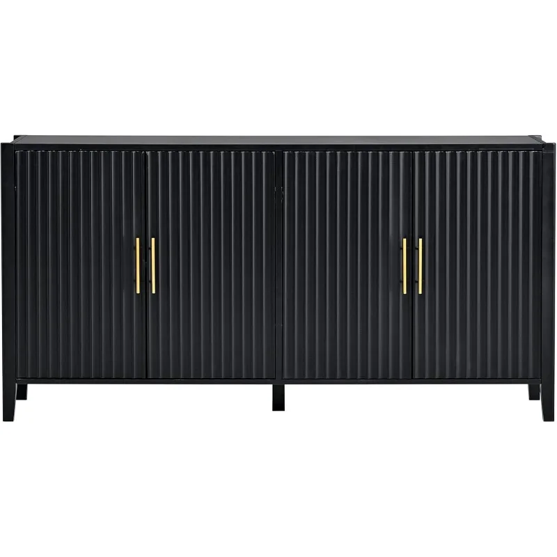 خزانة بوفيه جانبية مخددة مقاس 63 بوصة مع مساحة تخزين، وأبواب ومقابض ذهبية، وخزانة جانبية خشبية حديثة