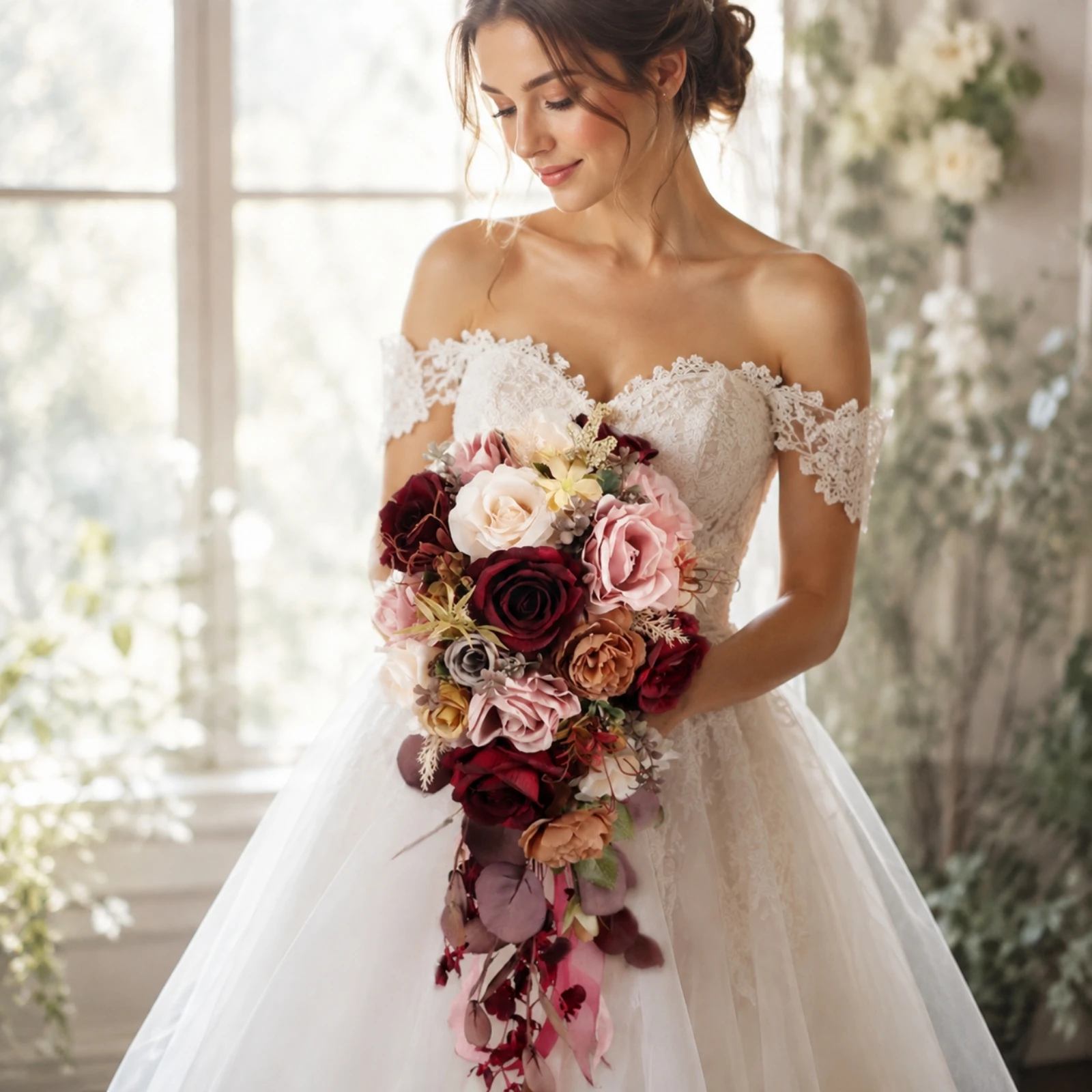 Flower Arrangement Photography Prop Cascading Bridal Hand Bouquet for Brides, Keepsake Display