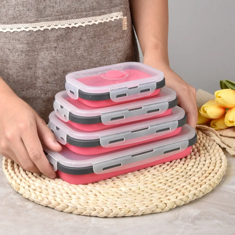 4er-Pack faltbare Lunchbox aus Silikon für Lebensmittel, Aufbewahrungsbehälter mit Deckel, mikrowellengeeignete Outdoor-Reiseschüssel, übrig gebliebene Essensbox für die Küche