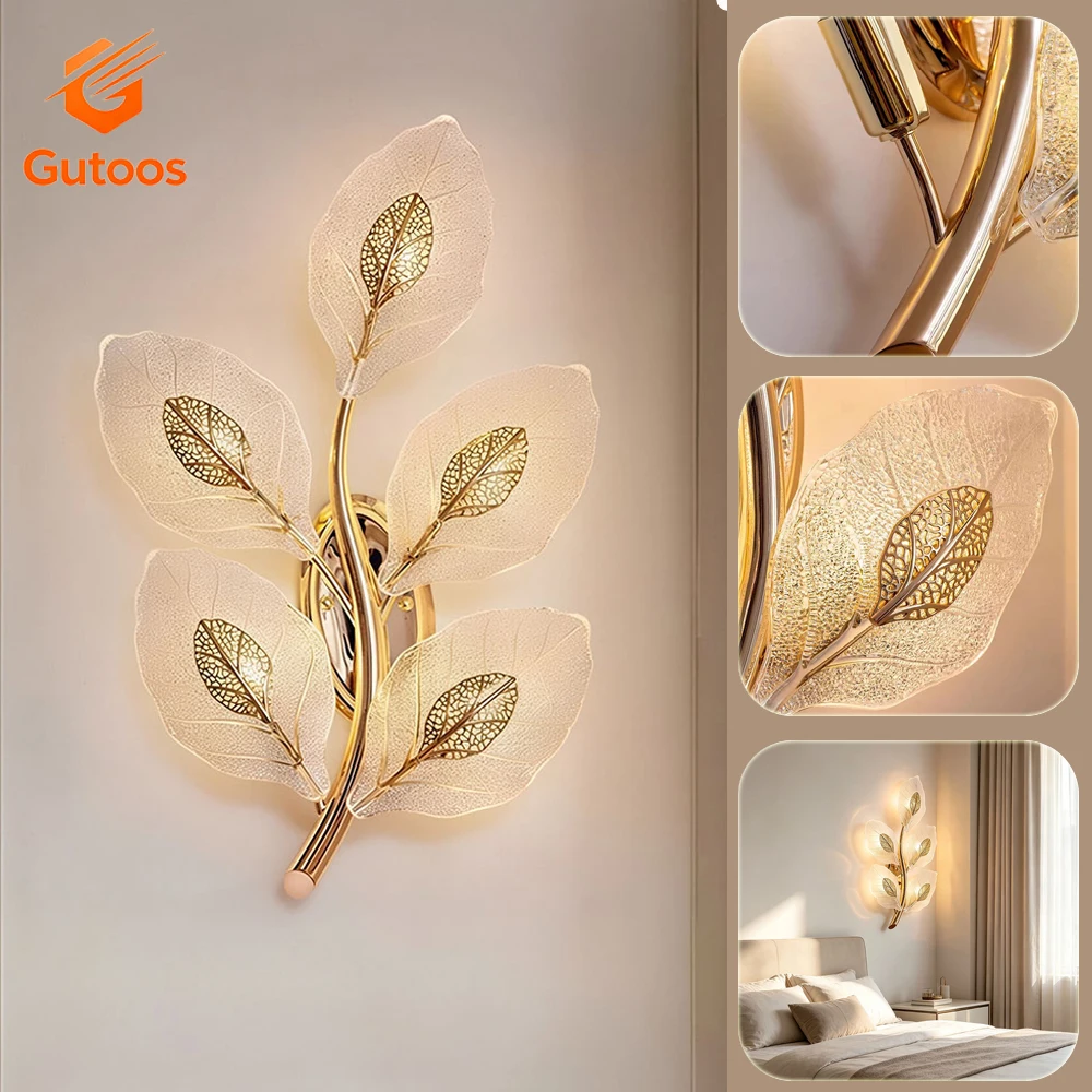 Modern Gold Leaf Wall Lamp Led Wall Lamp Luxury Branches Leaves Wall Lights For Bedroom Living Room Home Decoration Glass Sconce