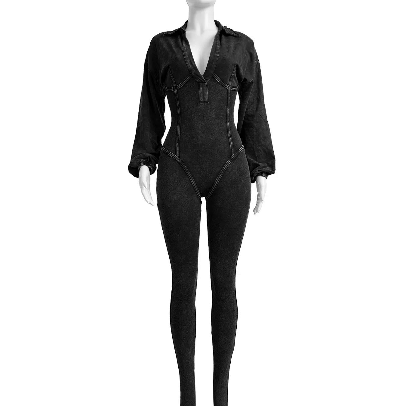 Tuta Sexy Effetto Vintage Lavato, Scollatura Profonda a V, Aderente, Autunno Inverno, Abito Aderente per Donna, Abbigliamento da Festa e Club