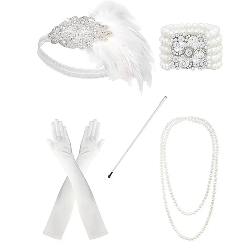 Women Girl Party Accessory Great Gatsby Headband 1920s Deco Flapper Ivory Pearl Costume Party Elastic Cosplay Accessories