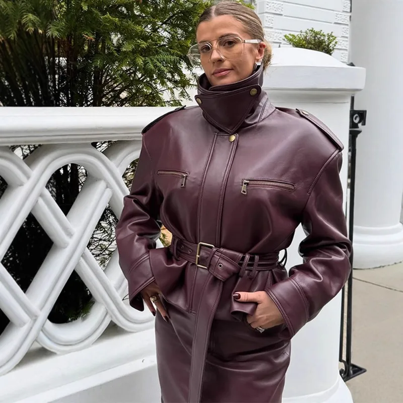 Women's Autumn Winter Tops Jackets Faux Leather Jacket Stand Collar Cropped Length Tie Detail New Minimalist Comfortable Casual