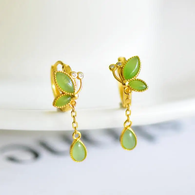 Pendientes de gota de agua con forma de mariposa de plata 925, jade Hetian verde, piedra de nefrita auténtica de China, joyería certificada para mujer, regalos para novia