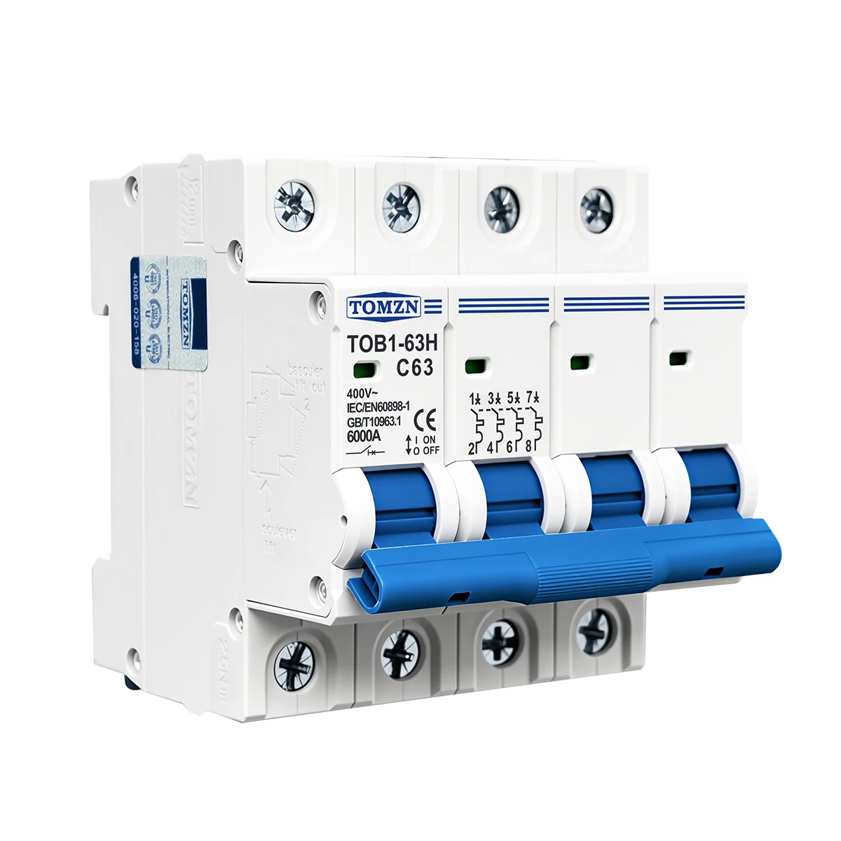 TOMZN 4P AC MCB TOB1-63H C type 230/400V~ 50/60Hz Mini Circuit Breaker 3A 6A 10A 16A 20A 25A 32A 40A 50A 63A