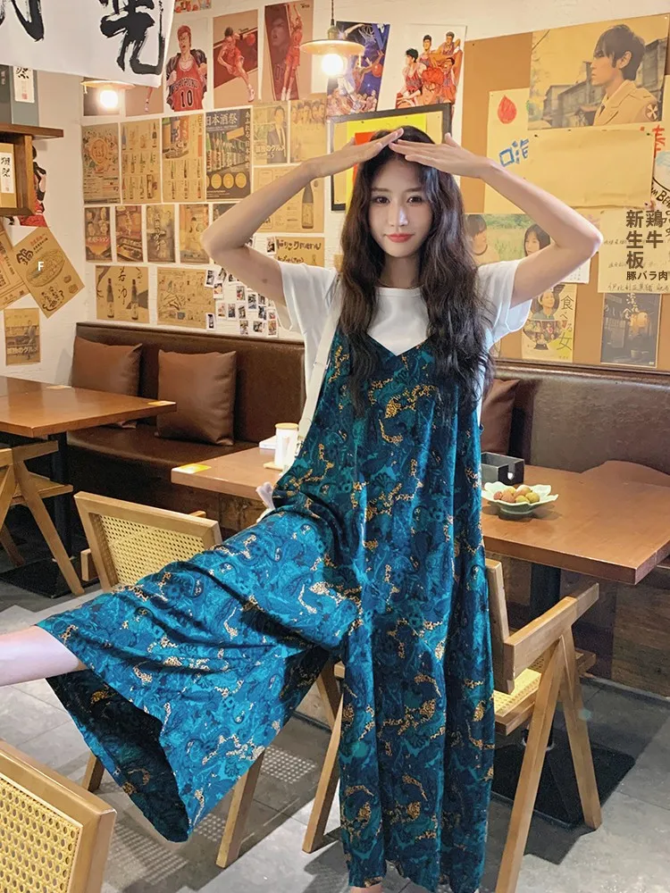 

Women's Loose Straight Leg One-Piece Summer New Style Retro Feel Painting Floral Wide Leg Jumpsuit High Waist Long Pants