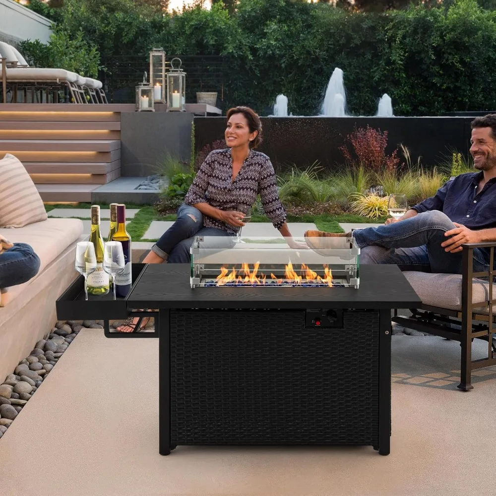 

52 Inch Rectangular Wicker Gas Fire Pit with Wind Guard, Extended Shelf, and 50,000 BTU Heat Output
