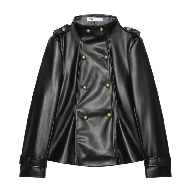 HipSeam Women's Leather Effect Jacket Stand Collar Long Sleeve Shoulder Tabs Button Woman Winter Jackets Chic Female Coats