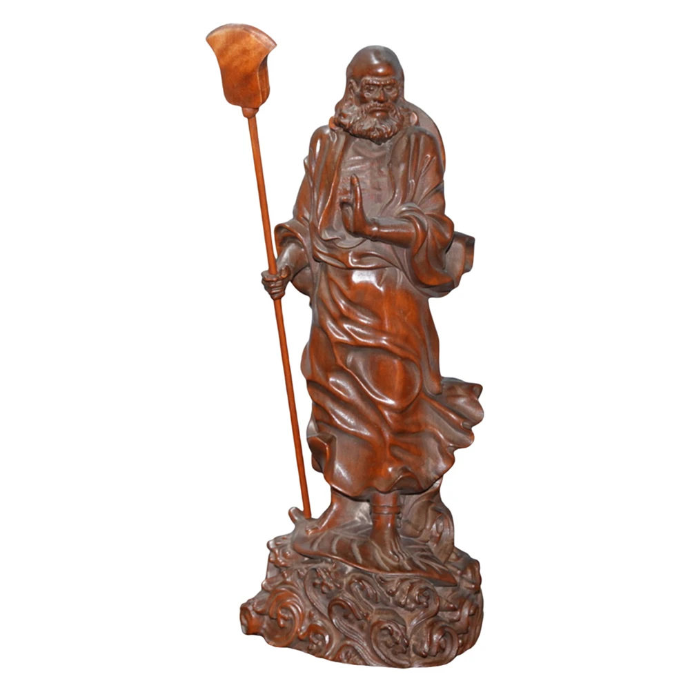 Figurine en bois sculptée à la main en buis chinois, artisanale, avec base ondulée, représentant Bodhidharma, maître zen, persévérance, illumination