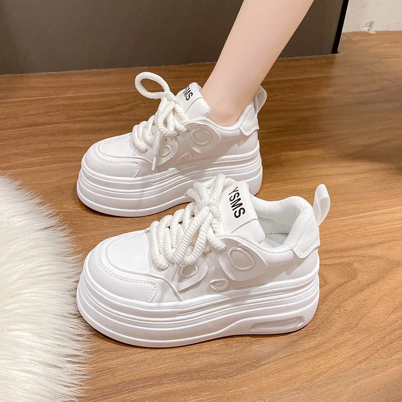 Fashion Tide 8CM High Platform Shoes Womens Chunky Sneakers Real Leather Height Increasing Sports Shoe Basketball Walking Shoe