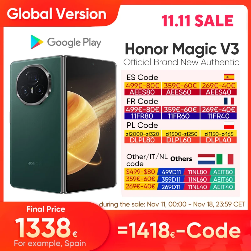 Global Version Honor Magic V3 5G Foldable Snapdragon 8 Gen 3 LTPO AMOLED 120Hz Display 7.92