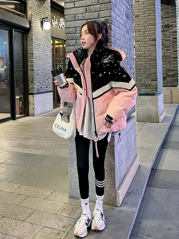 

European Pink Splicing Sequins Short Down Jacket For Women 2023 winter New Fashion Streetwear 90% Duck Down Coat