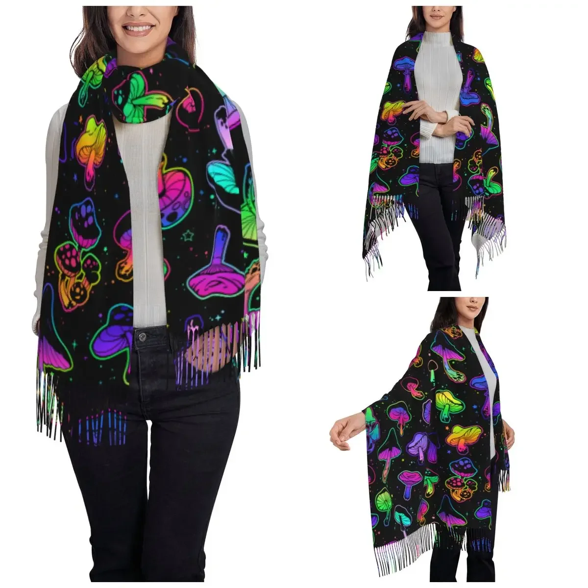 Psychedelic Mushrooms Shawl Wraps for Womens Warm Large Soft Scarf Colorful Pashminas Tassel Scarves