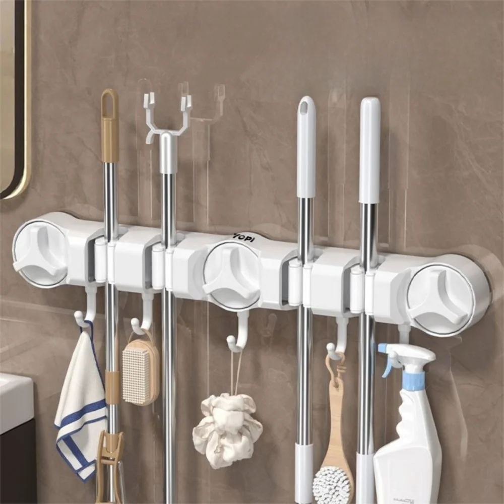 

4 Position Suction Cup Mop Holder Strong Fixed 5 Hooks Wall-Mounted Mop Clip Multifunctional Space Saving Bathroom Broom Hanger