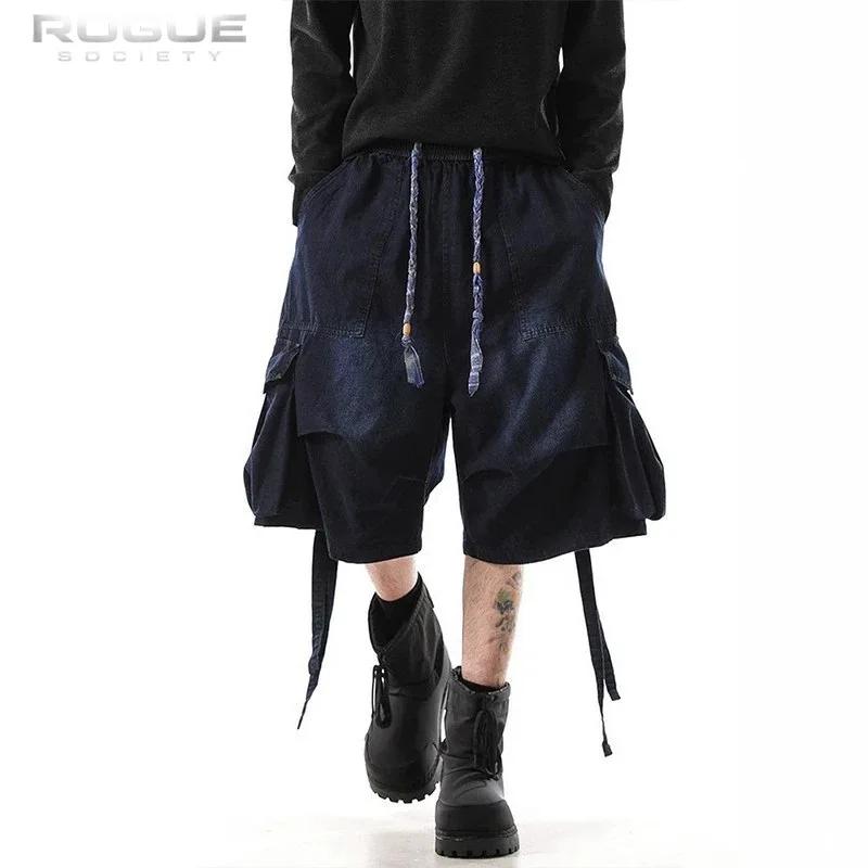 New High Street Washed Denim Men Summer Shorts Pleated Cargo Men Big Pocket Ribbon Drawstring Streetwear Tactical Capri Trousers