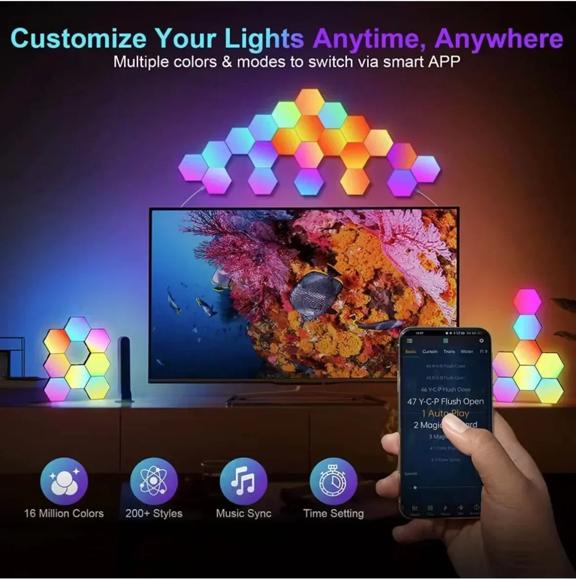 Inteligente RGB LED Hexagon Lâmpada de Parede, Música Sync Luzes Ambiente, Quarto Gamer, Decoração do feriado, Wi-Fi, Bluetooth, Happy Birthday