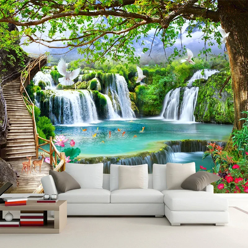 

Custom Any Size Green Forest Waterfall Nature Landscape 3D Mural Wallpaper Living Room Bedroom Photo Wall Paper Papel De Parede