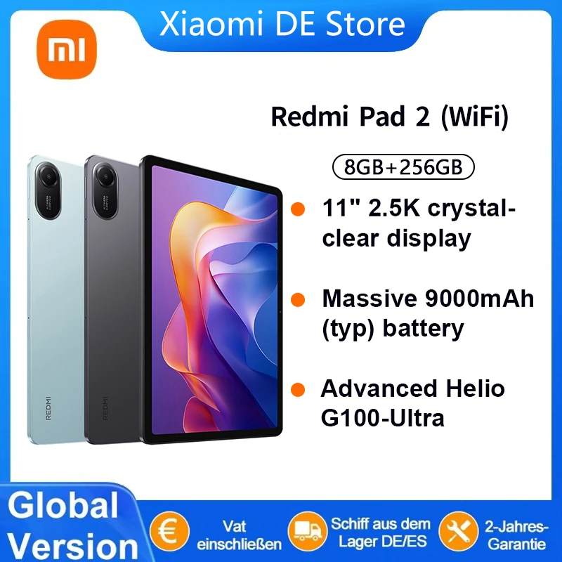 Version Globale Xiaomi Redmi Pad 2 Wi-Fi 11 pouces, écran 2.5K ultra-clair avec processeur MediaTek Helio G100 Ultra, batterie de 9000 mAh