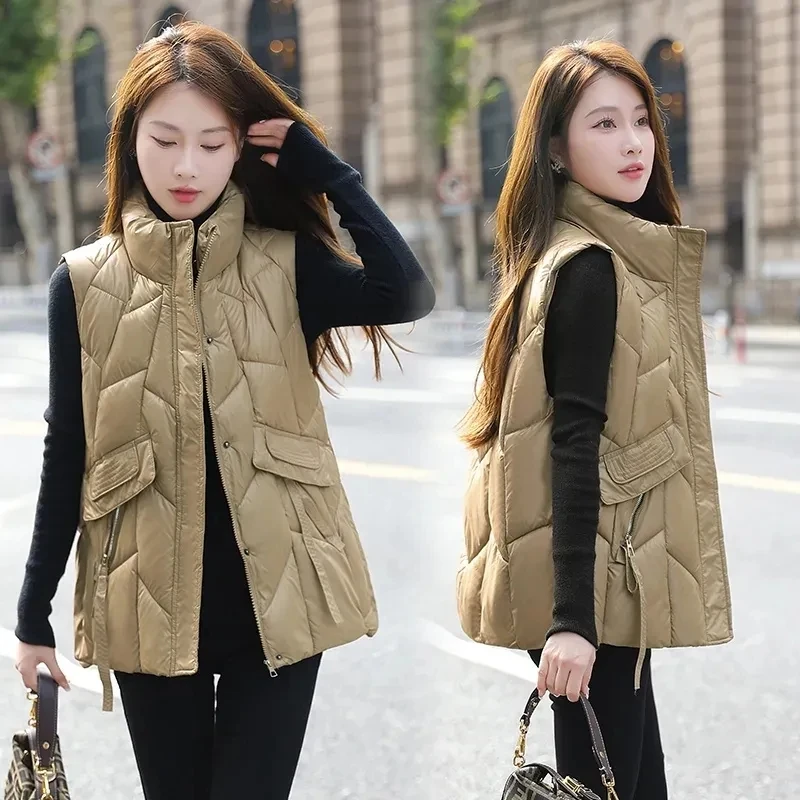 

2023 Autumn Winter Eiderdown Cotton Vest Coat Women Glossy Casual Sleeveless Jacket Stand Collar Loose Padded Waistcoat Female