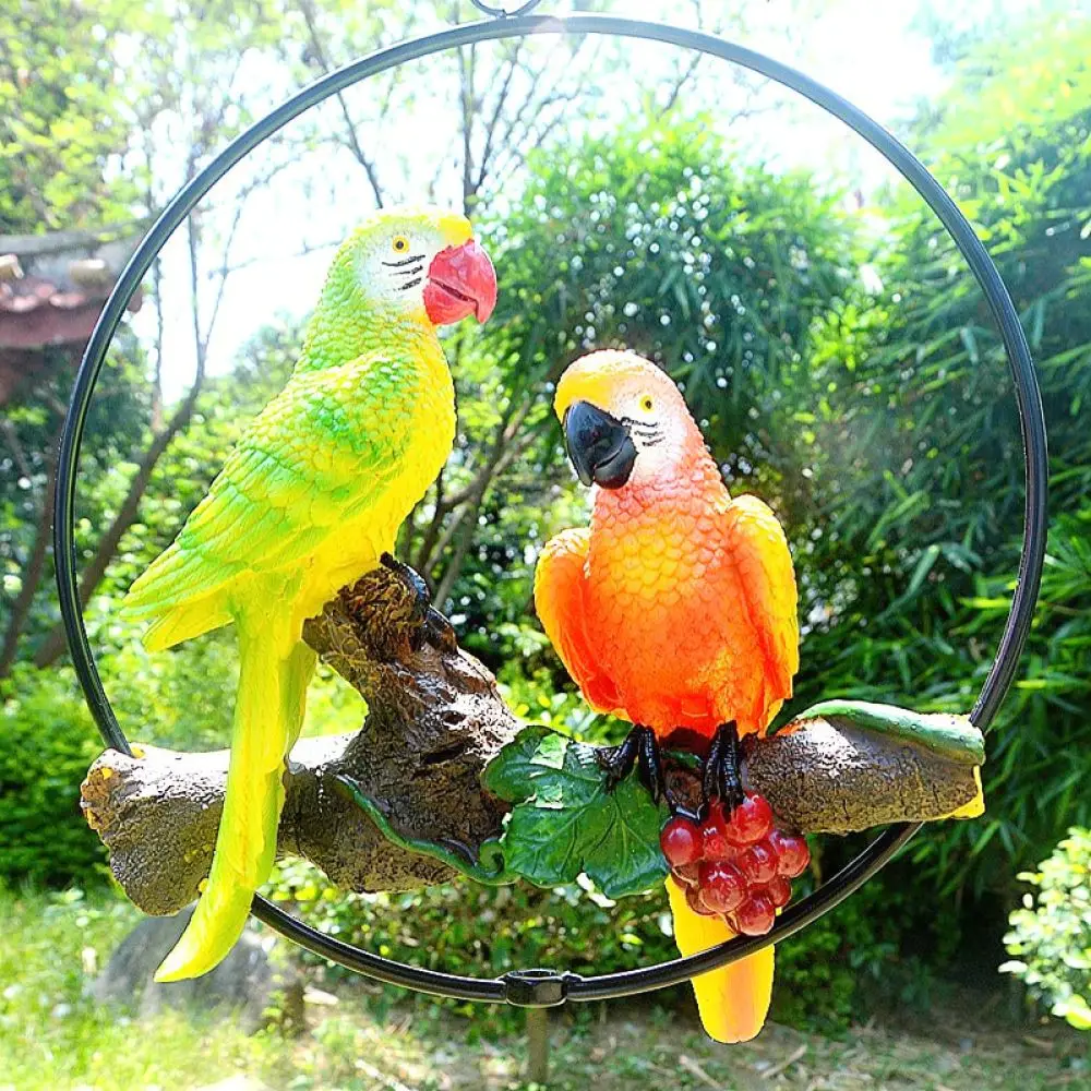 Creative Resin Macaw Parrot On Iron Ring Hanging Craft Vivid Tropical Bird Ornament For Garden Tree Yard Home Decor Gift