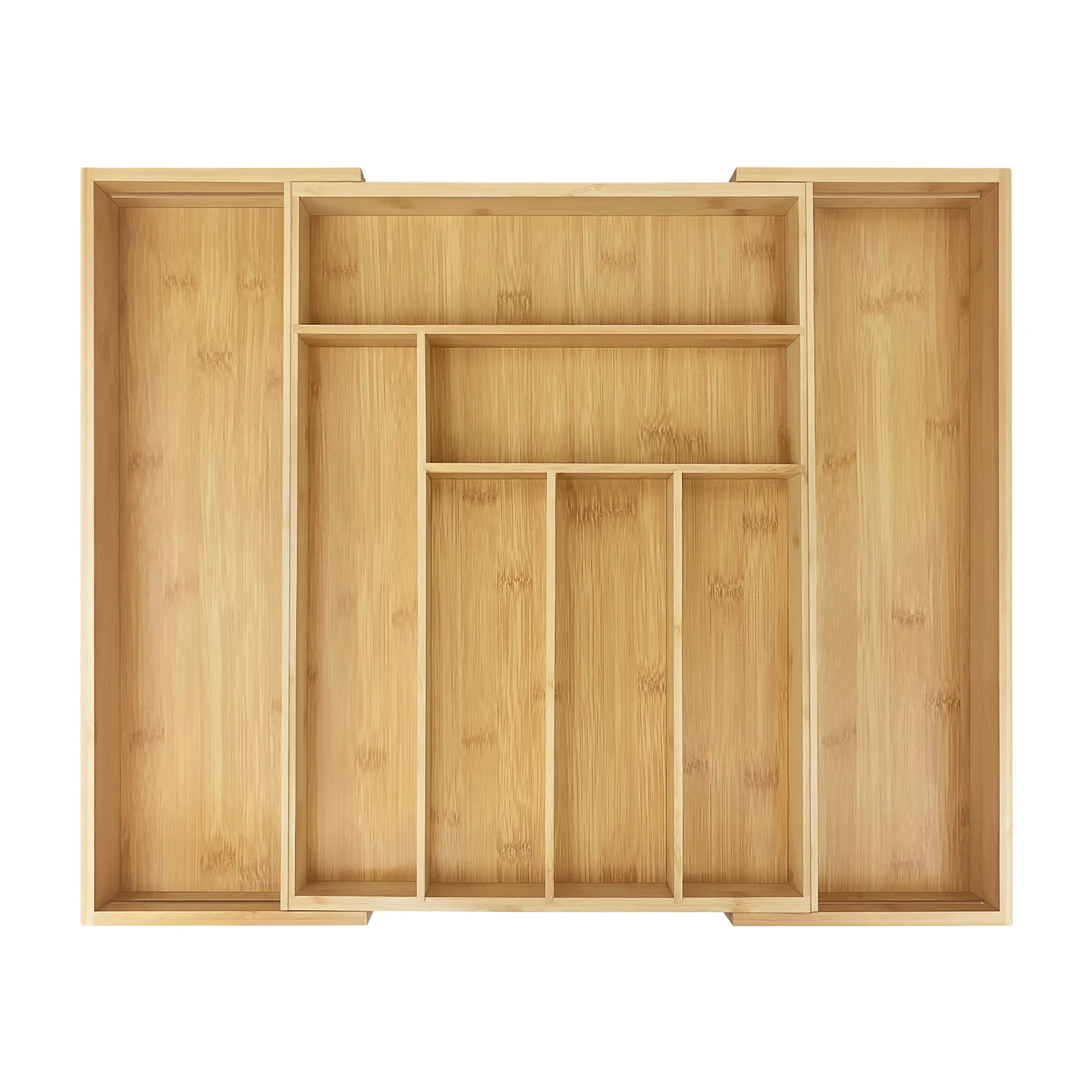 Bambus-Besteckkasten, erweiterbar von 32 x 43 cm auf 52 x 43 cm, 5 cm Tiefe, 6 bis 8 separate Fächer für Küche, Schlafzimmer, Büro – Detail 12