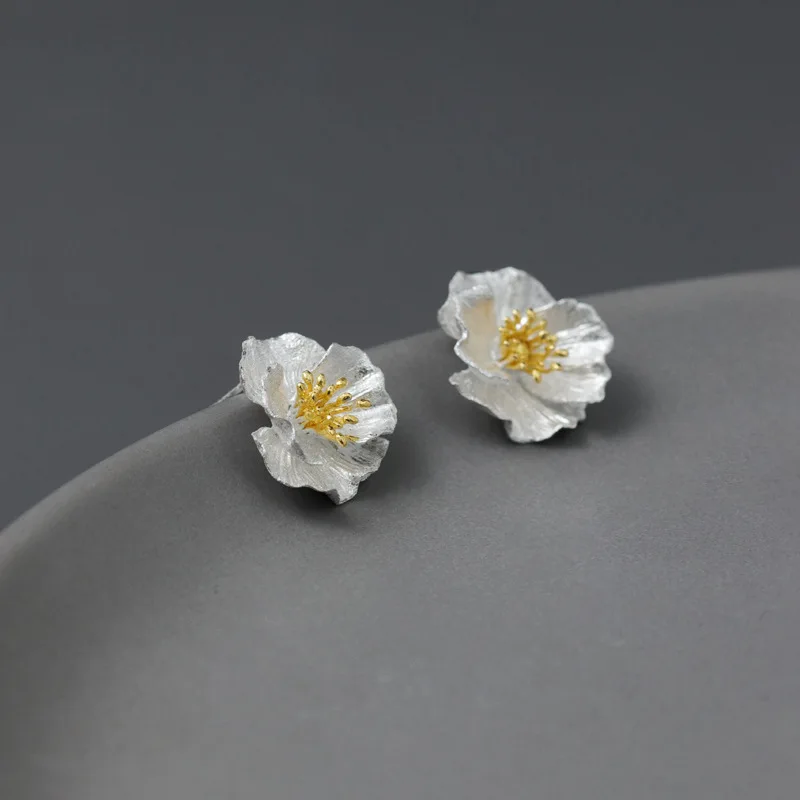 Amxiu Summer Flowers Sterling Silver  Poppy Flower Beautiful Natural Literary Style Niche Design Flower Earrings