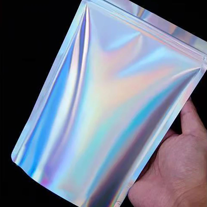 100pcs Stand Up Zip Lock Bag Holographic Laser Clear Front Snack Food Coffee Dried Fruits Nuts Candy Translucent Storage Pouches