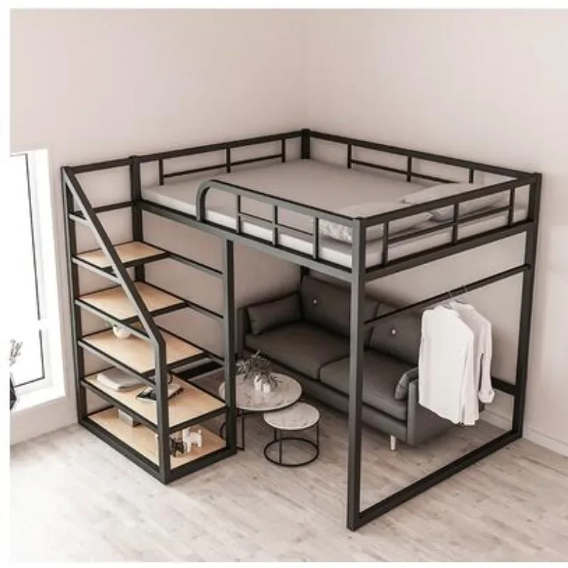 Iron work elevated bed empty single upper floor space saving attic bunk apartment high and low iron frame bed