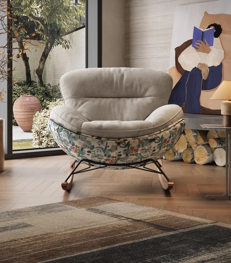 كرسي هزاز إيطالي فاخر خفيف لغرفة المعيشة مصنوع من القماش كرسي أريكة كسول كرسي ترفيهي فردي من الخشب الصلب