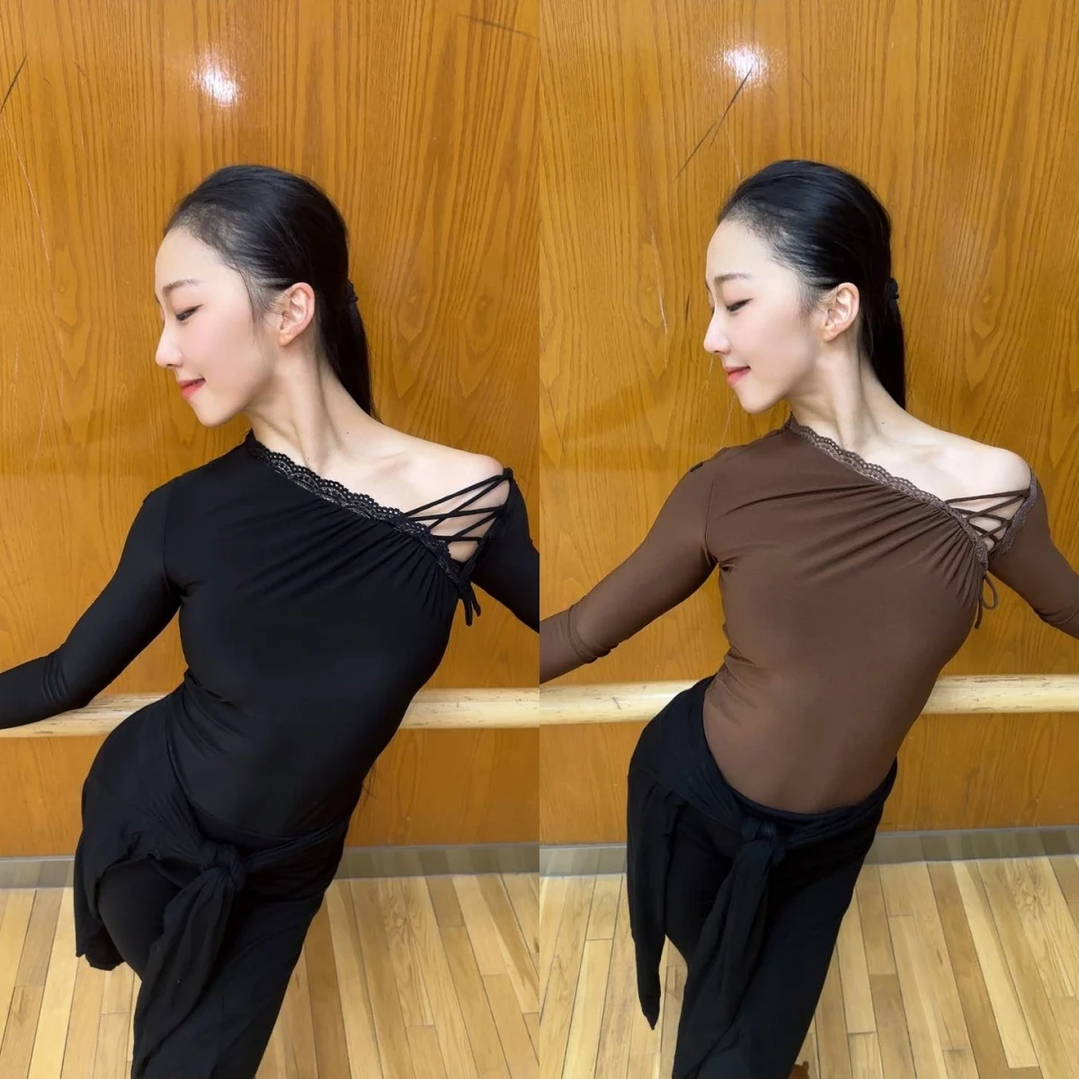 2025 New Women Latin Dance Modern Dance Costumes Lace Sloping Shoulder Jumpsuit Practice Clothes Ballroom Dance Clothing DN21791