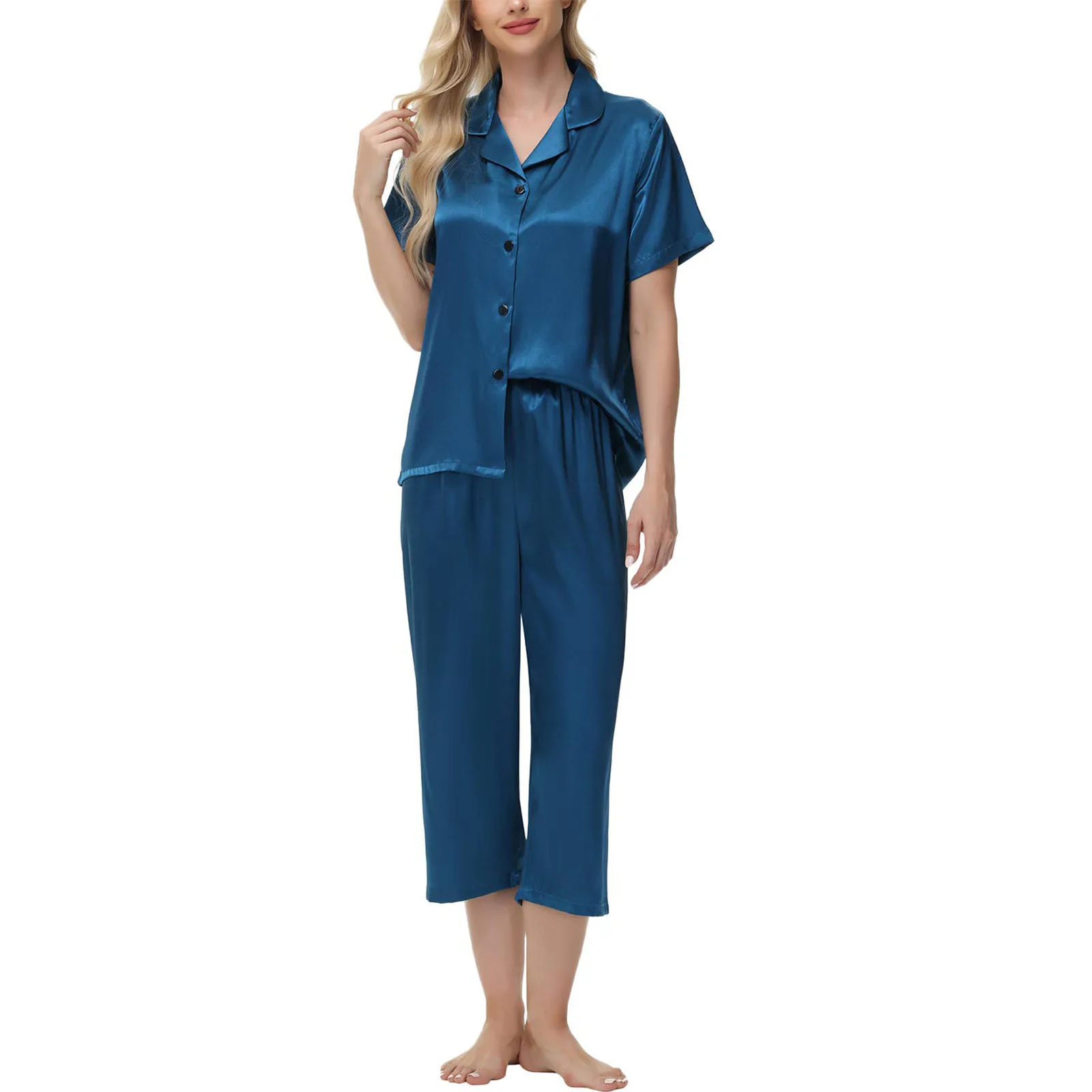 

Women Ice Silk Satin Pajamas Set Trendy Short Sleeve Capri Pants Comfortable Stylish Daily Home Wear Ladies Loungewear
