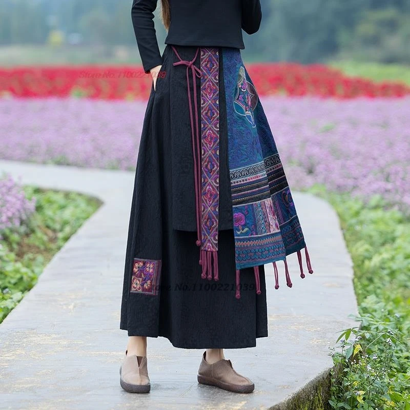 2025 traditional chinese vintage skirt national flower embroidery cotton linen tassels skirt ethnic elastic waist a-line skirt