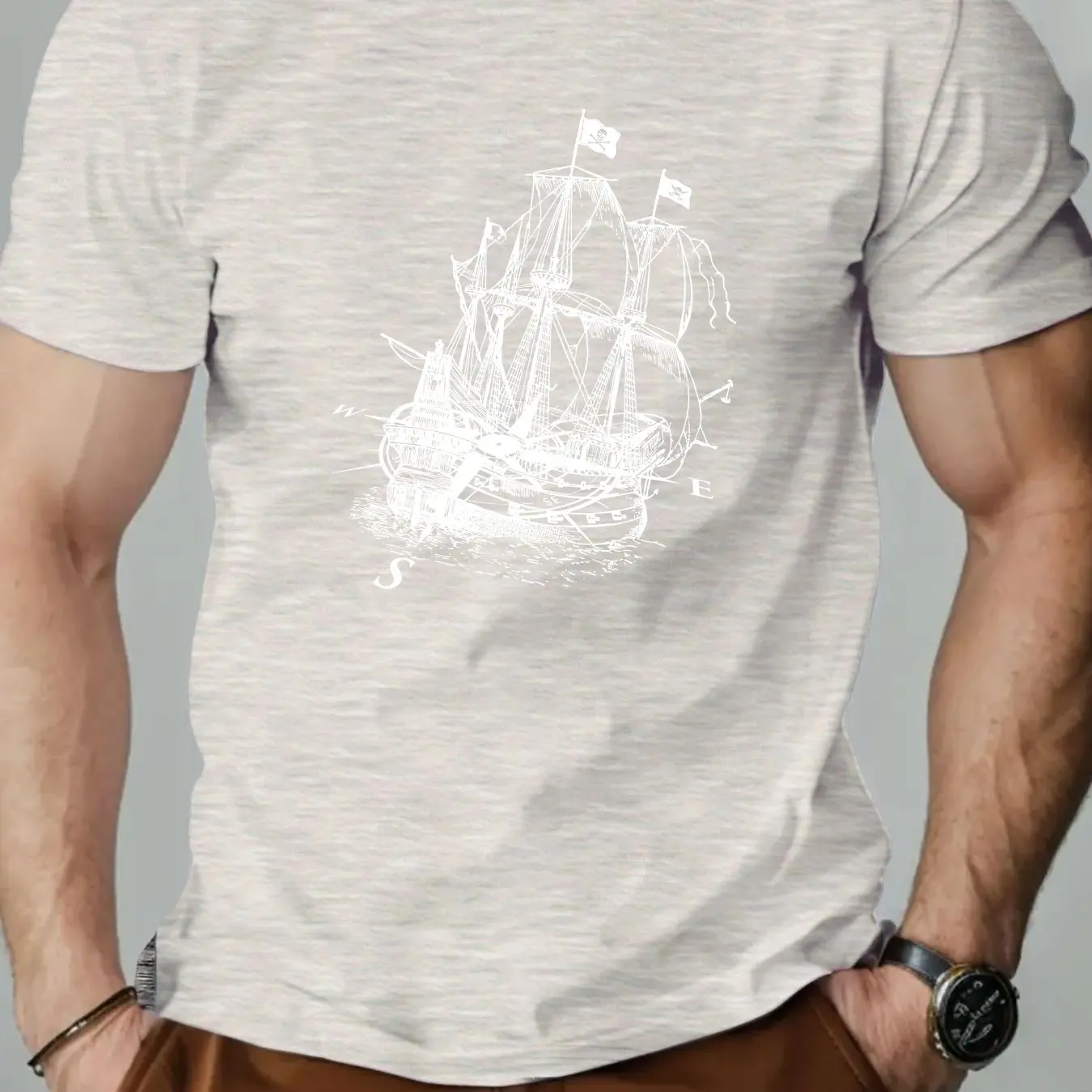 Men Nautical-Themed Summer T-Shirt Casual Crew Neck Short Sleeve Cotton Tee with Vintage Ship Illustration Men Clothing